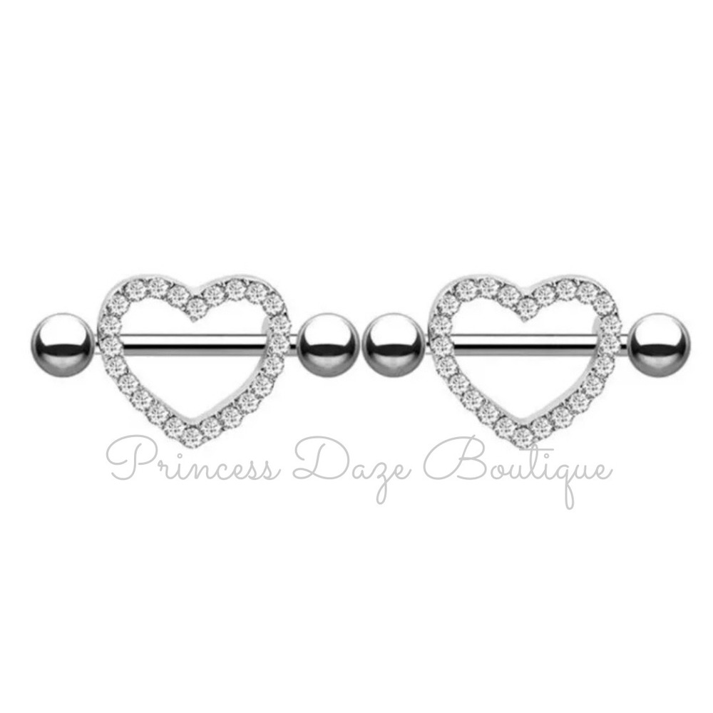 Silver Heart CZ Nipple Ring Barbell Set Body Jewelry